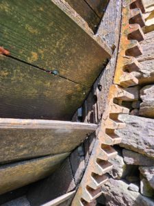 The wood on the waterwheel at Yates Mill is rotting, leaving little to hook the bucket boards to.